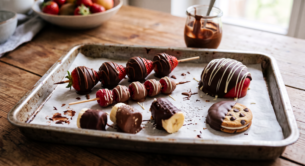 chocolate covered fruits with light and dark chocolate