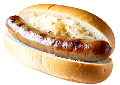 A delicious bratwurst in a bun with sauerkraut